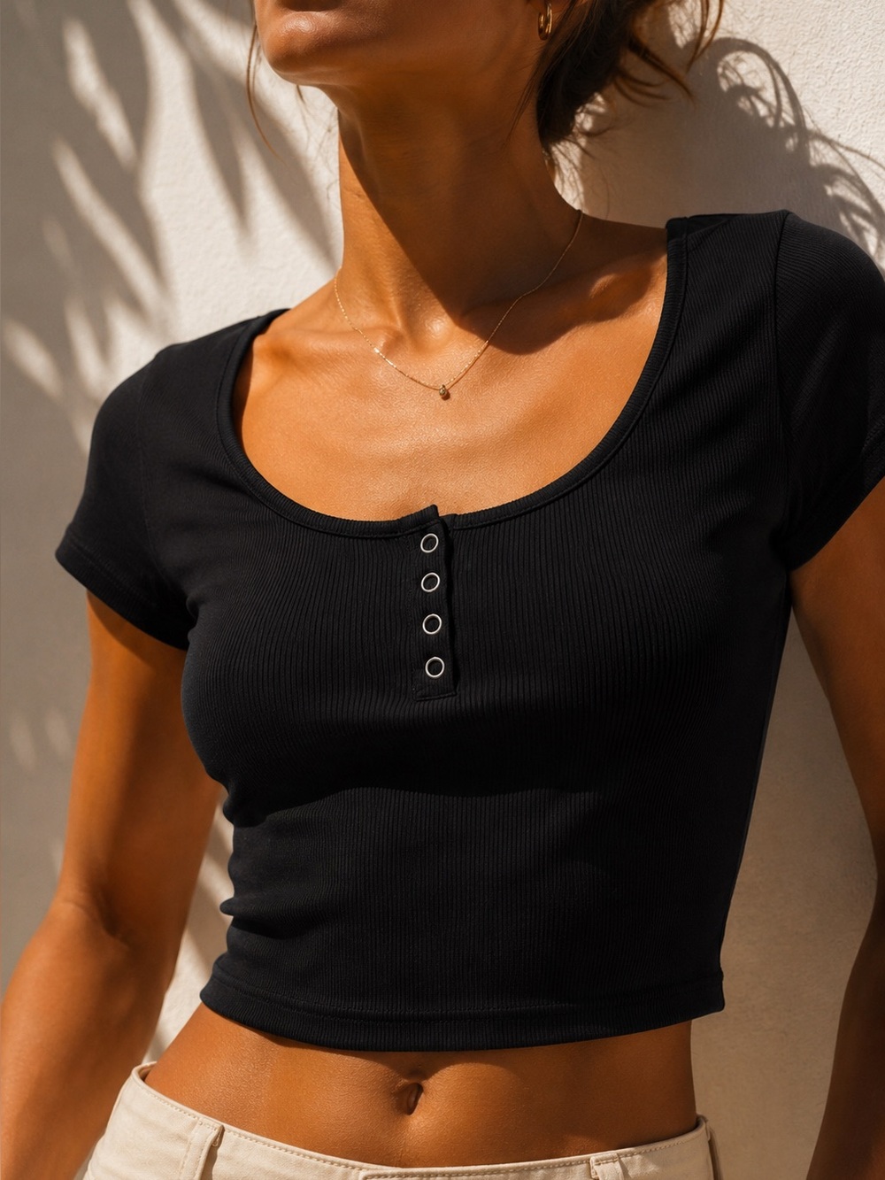 NWOT Madewell Black Ribbed Henley High Crop Tee Size S